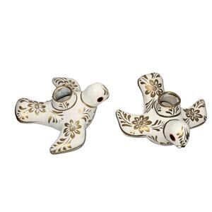 Paloma Doves Birds Candleholder Pair white gold Mexico Pottery folkart